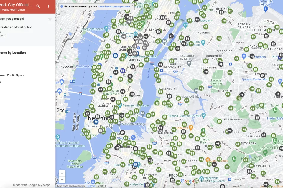 Map of Long Island, NY, with hundreds of restroom place markers all over it.